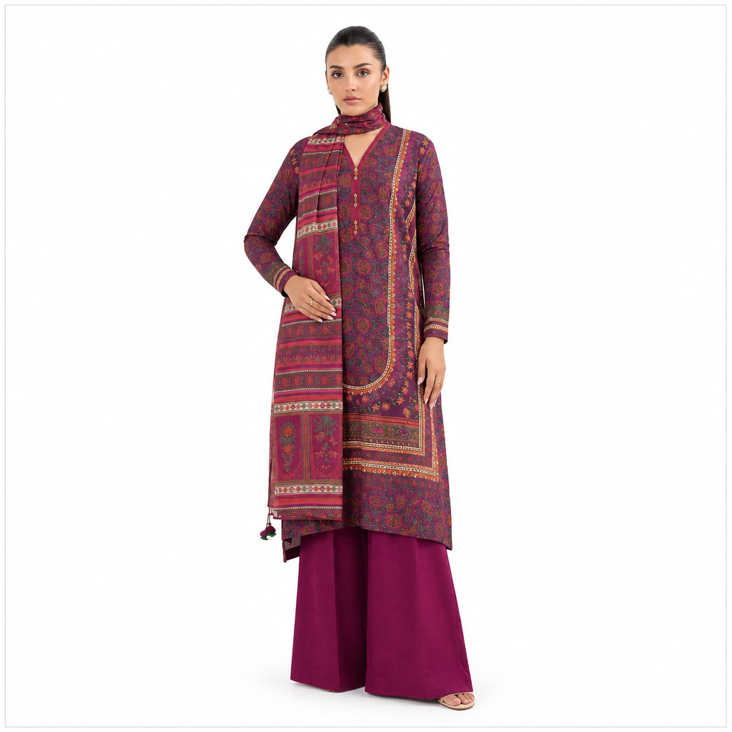 Women Unstitched Linen Suit Purple Winter Office Wear 3Pcs