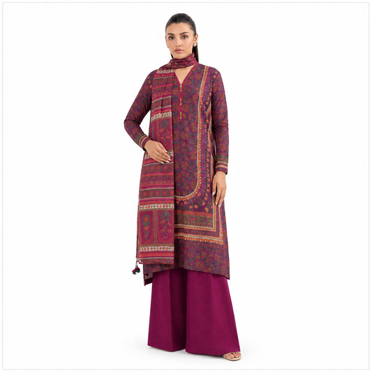 Women Unstitched Linen Suit Purple Winter Office Wear 3Pcs