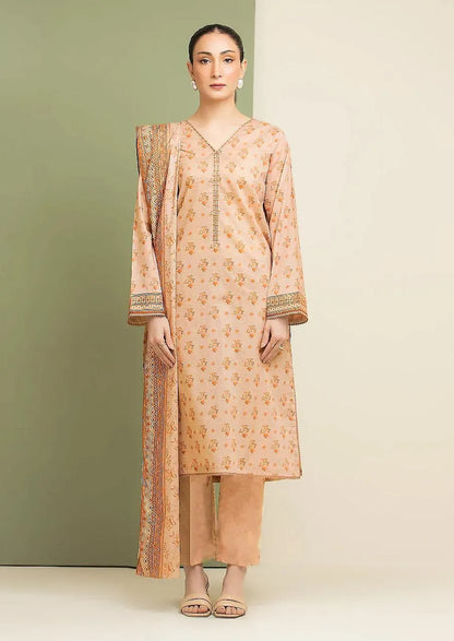 Pakistani Women Linen 3-Piece Suit Peach Printed
