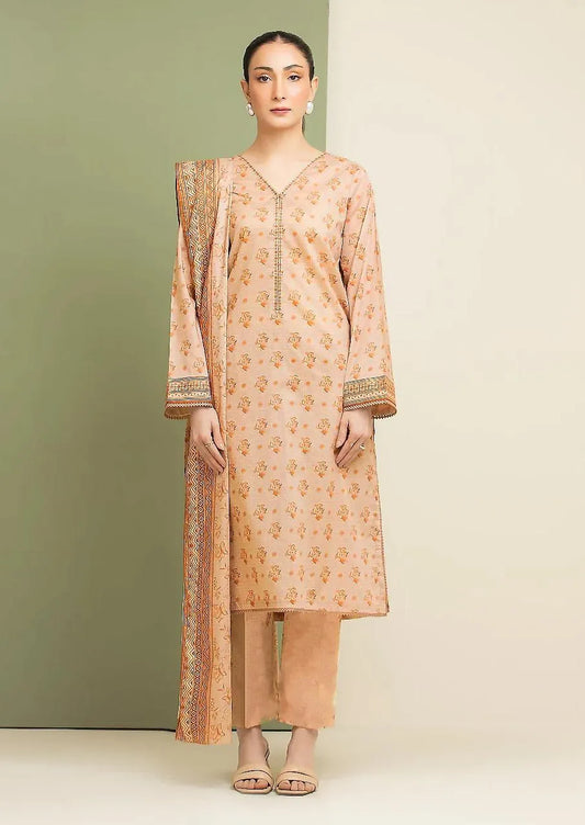 Pakistani Women Linen 3-Piece Suit Peach Printed