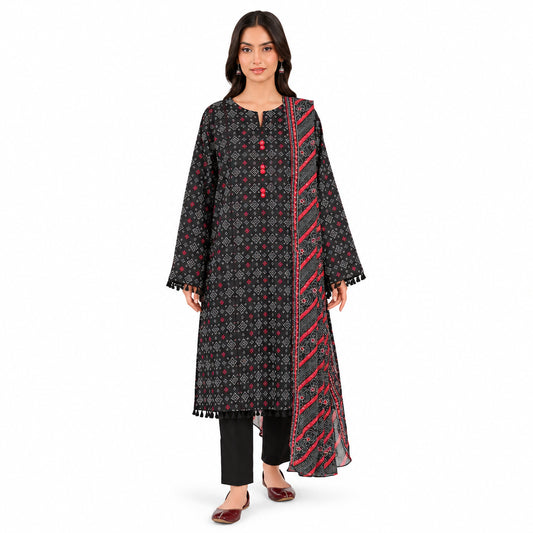 Unstitched Linen 3-Piece Suit Black Red White