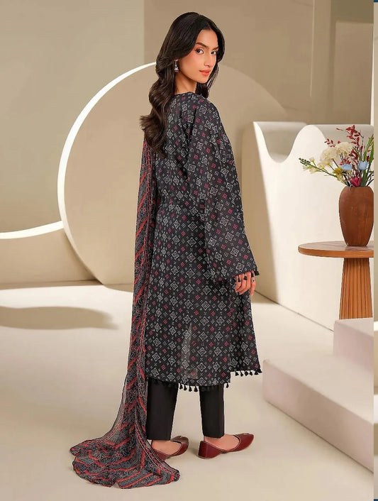 Unstitched Linen 3-Piece Suit Black Red White