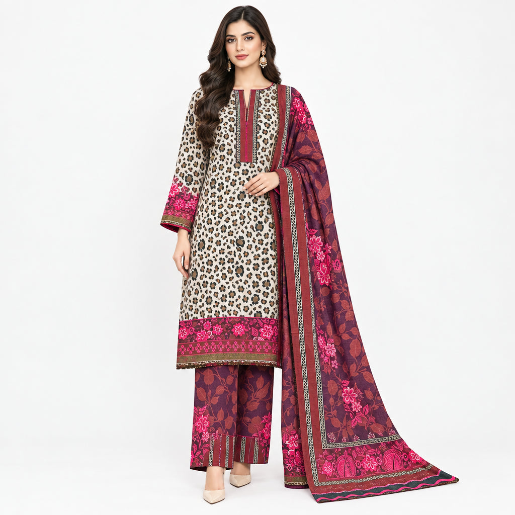 3-Piece Leopard Print Khaddar Suit for Women