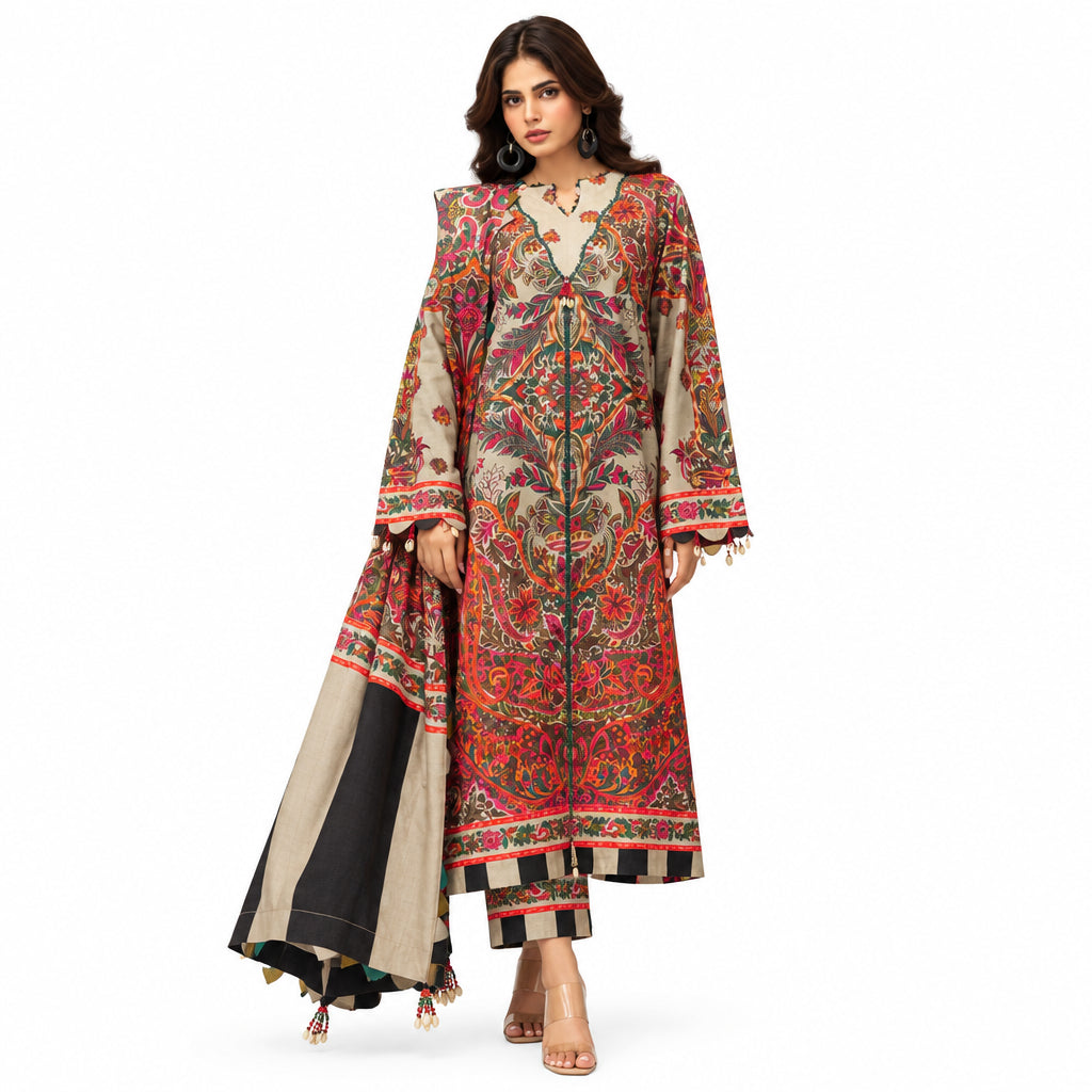 Pakistani Khaddar 3-Piece Suit Off White Paisley Print