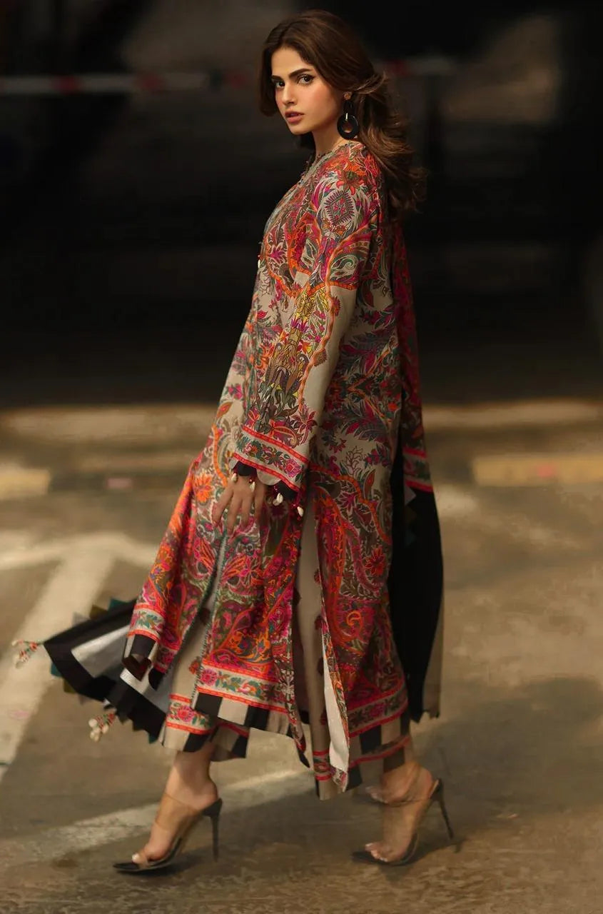 Pakistani Khaddar 3-Piece Suit Off White Paisley Print