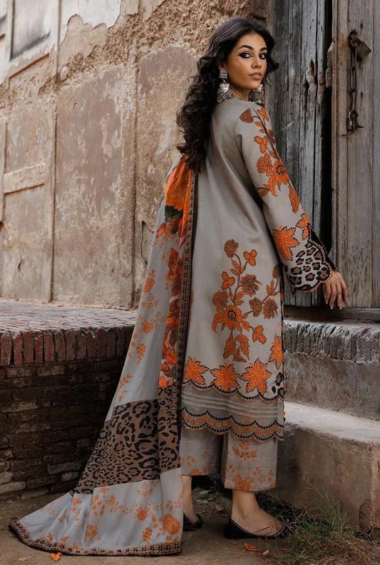 3-Piece Printed Khaddar Suit Grey Orange Leopard