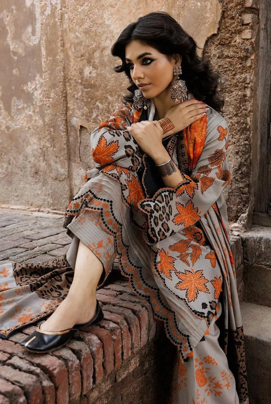 3-Piece Printed Khaddar Suit Grey Orange Leopard