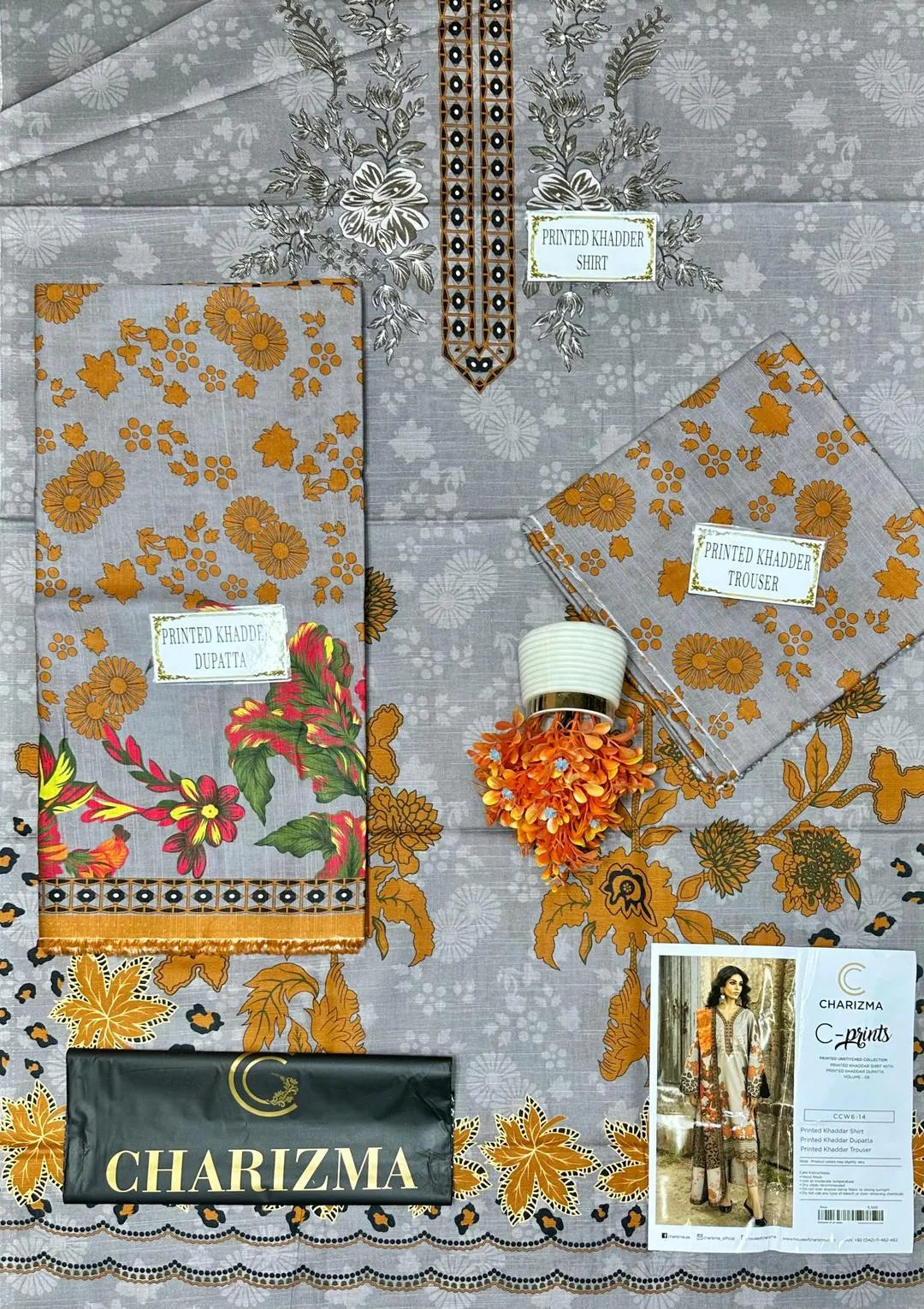 3-Piece Printed Khaddar Suit Grey Orange Leopard