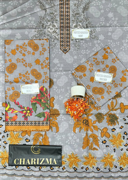 3-Piece Printed Khaddar Suit Grey Orange Leopard
