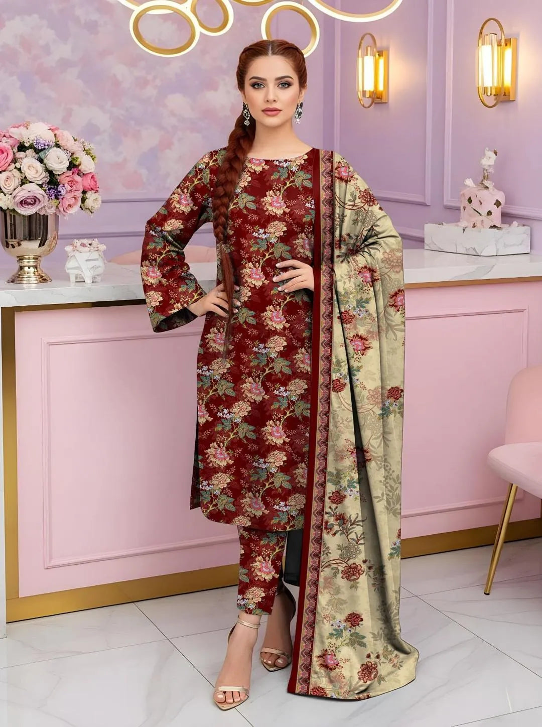 Maroon Floral 3-Piece Unstitched Lawn Suit for Women