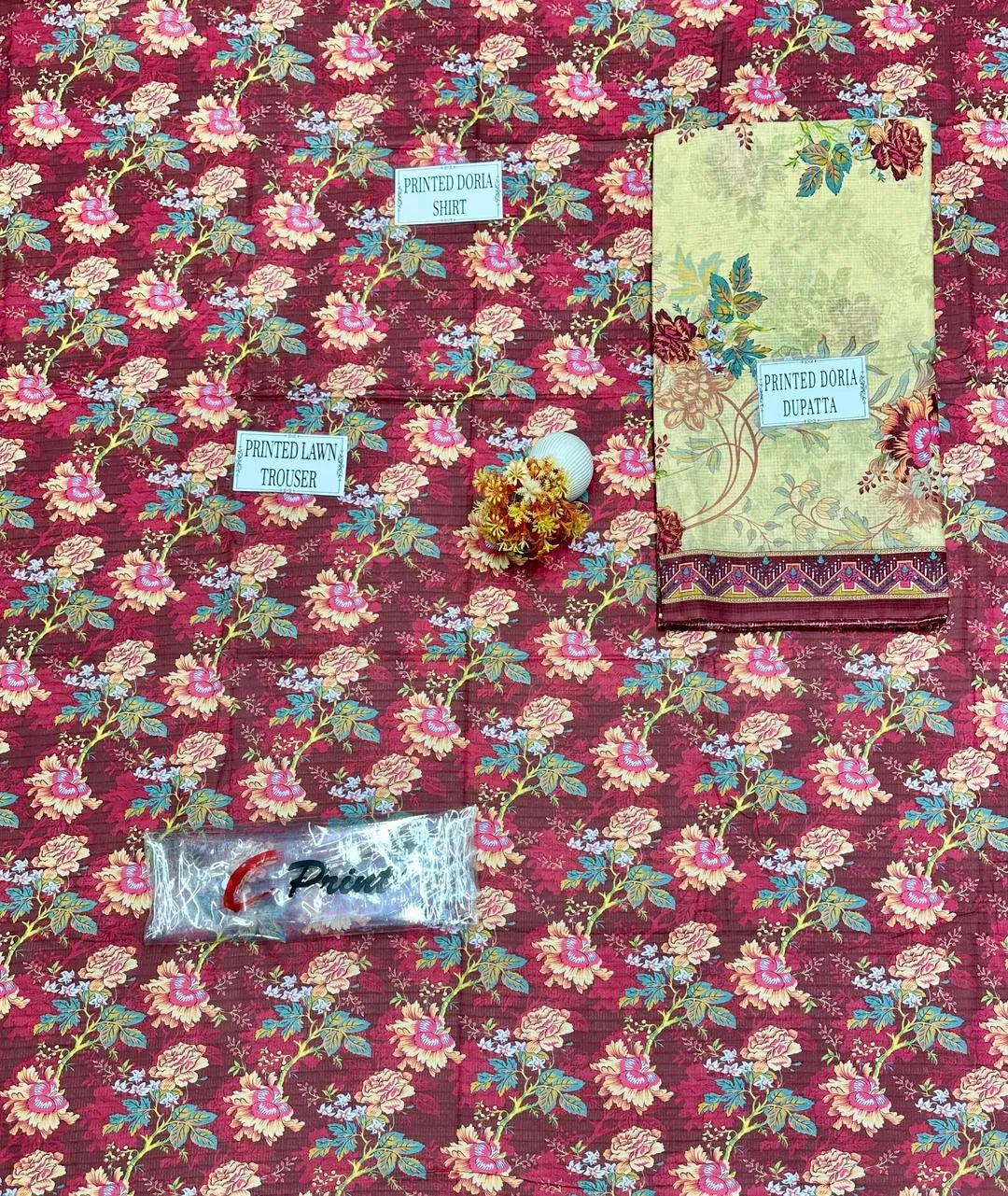 Maroon Floral 3-Piece Unstitched Lawn Suit for Women