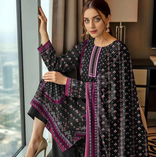 Black Printed 3-Piece Lawn Suit for Women