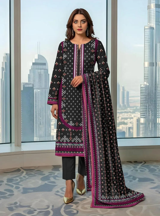 Black Printed 3-Piece Lawn Suit for Women