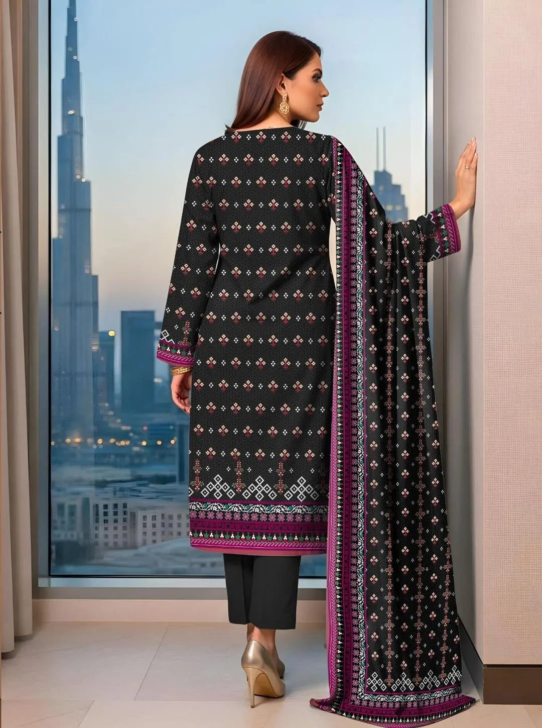 Black Printed 3-Piece Lawn Suit for Women