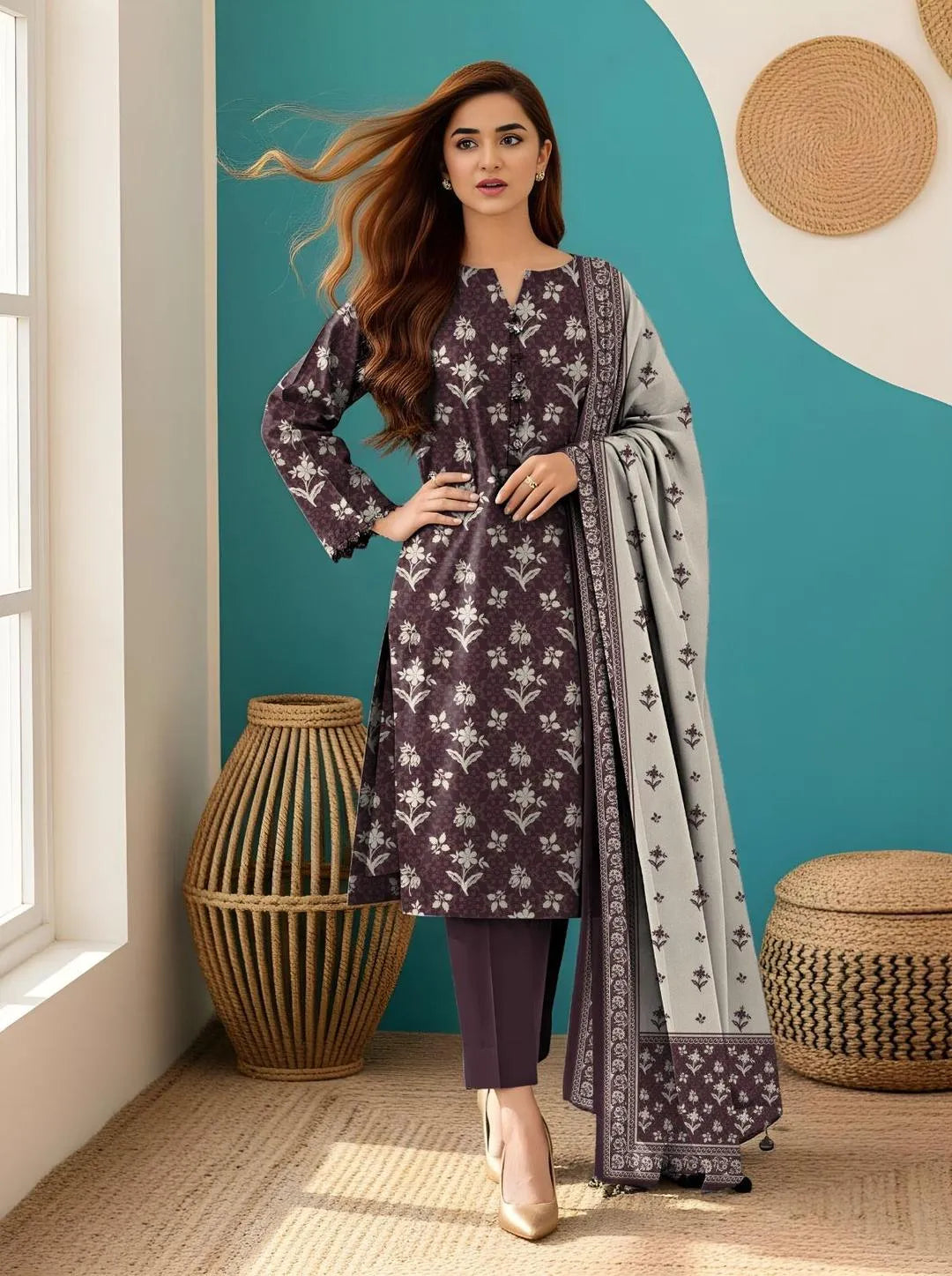 Stylish Floral Printed 3-Piece Suit Brown Dobby Lawn