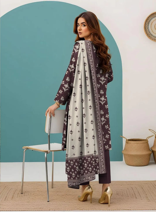 Stylish Floral Printed 3-Piece Suit Brown Dobby Lawn