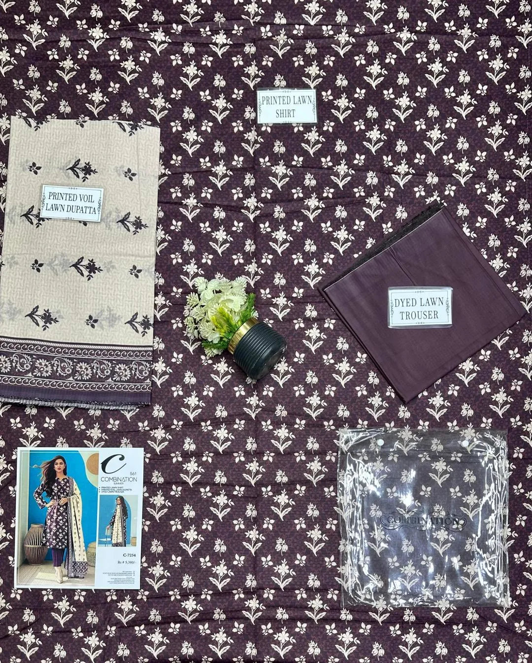 Stylish Floral Printed 3-Piece Suit Brown Dobby Lawn