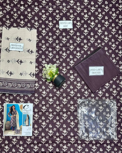 Stylish Floral Printed 3-Piece Suit Brown Dobby Lawn