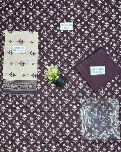 Stylish Floral Printed 3-Piece Suit Brown Dobby Lawn
