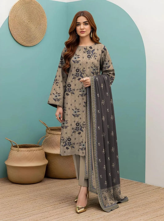 Unstitched Printed Lawn Suit Brown Floral Dobby Lawn 3Pc