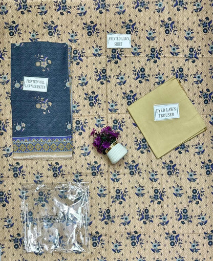 Unstitched Printed Lawn Suit Brown Floral Dobby Lawn 3Pc