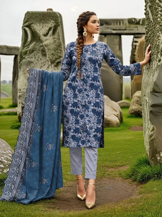 Grey Printed Embroidered 3-Piece Lawn Suit for Women