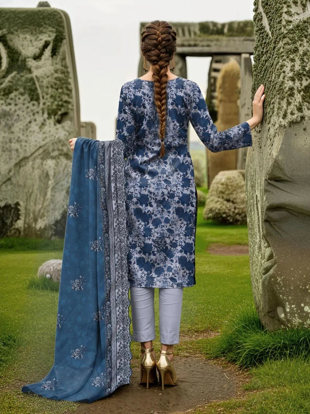 Grey Printed Embroidered 3-Piece Lawn Suit for Women