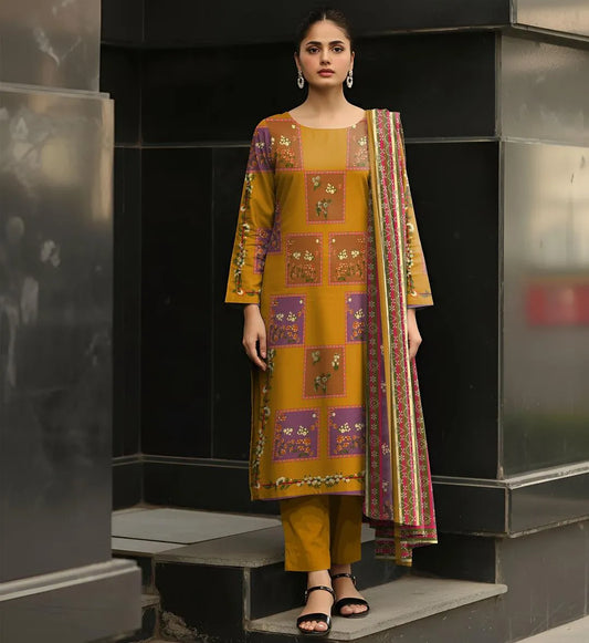 Golden Printed Lawn 3Pcs Women Suit Set