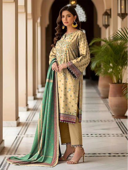 Yellow Printed Dobby Lawn 3Pcs Suit