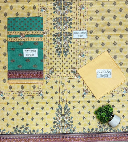 Yellow Printed Dobby Lawn 3Pcs Suit