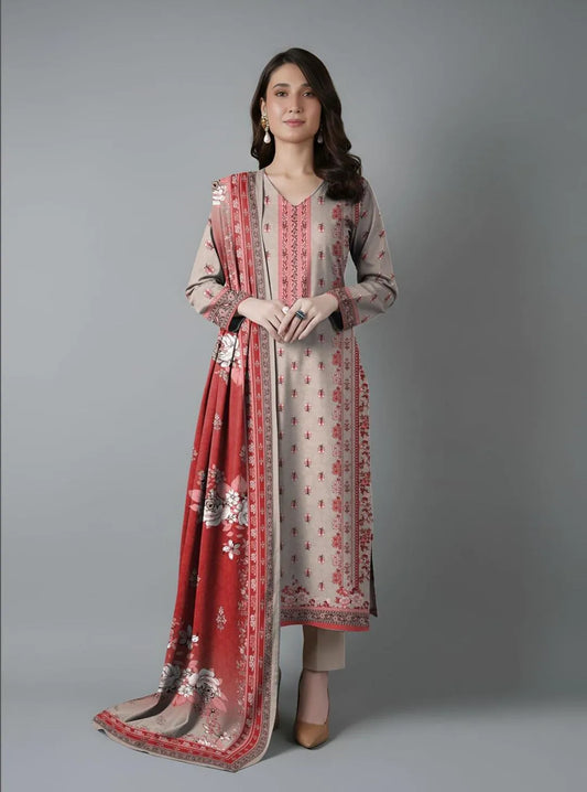Pink Printed Dobby Lawn 3Pcs Suit Set