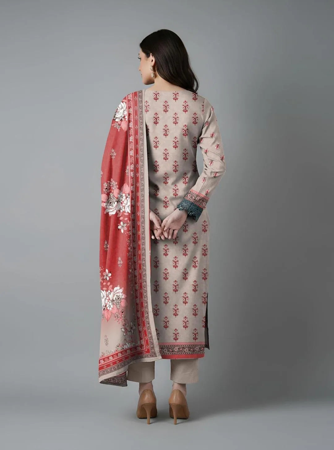 Pink Printed Dobby Lawn 3Pcs Suit Set