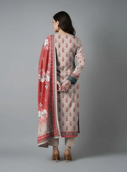 Pink Printed Dobby Lawn 3Pcs Suit Set