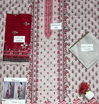 Pink Printed Dobby Lawn 3Pcs Suit Set
