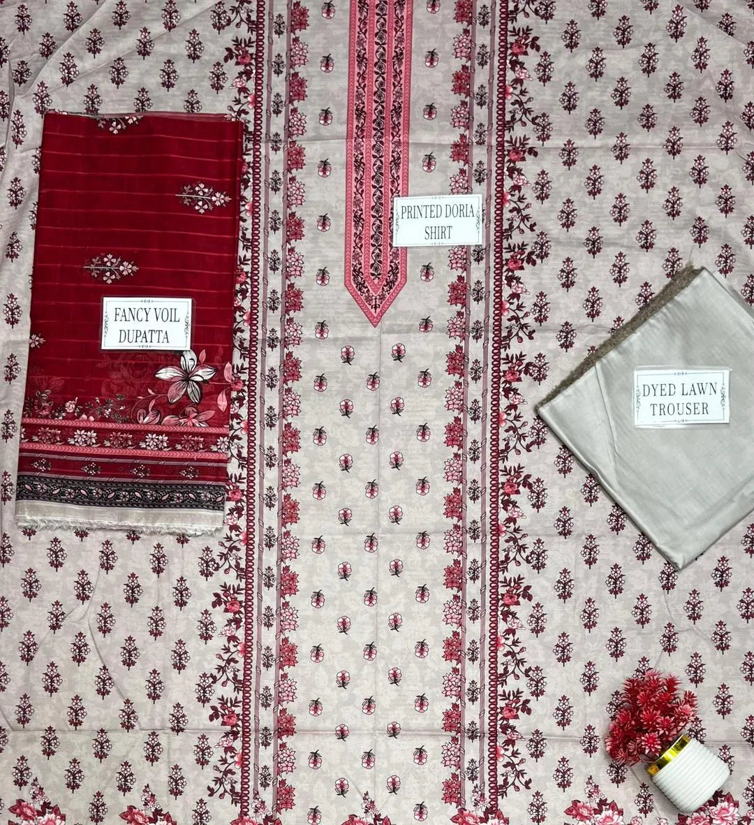 Pink Printed Dobby Lawn 3Pcs Suit Set