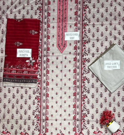 Pink Printed Dobby Lawn 3Pcs Suit Set