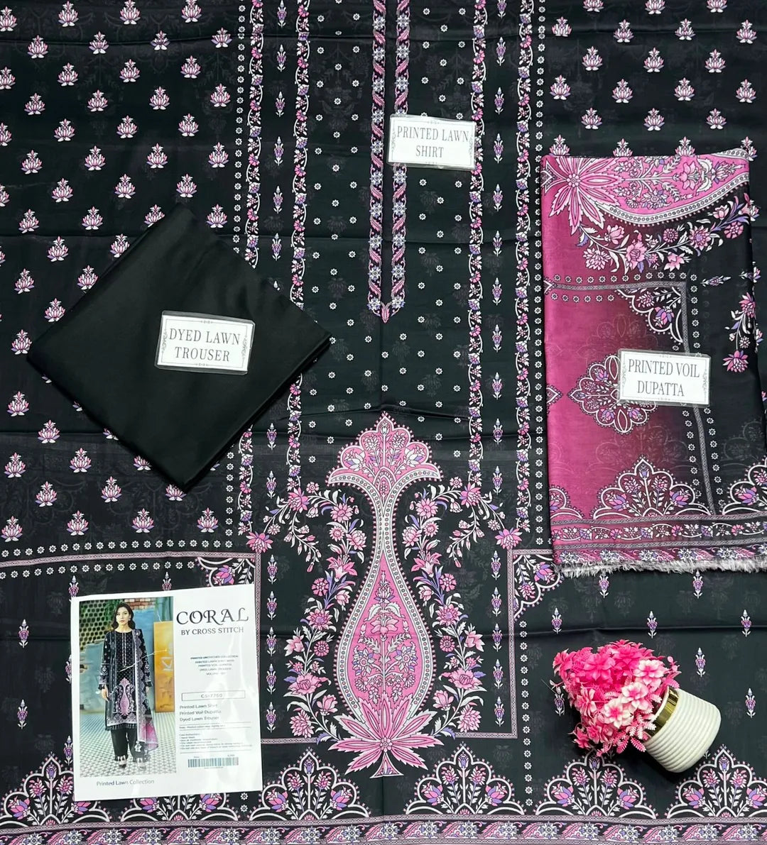 Black Printed Lawn 3Pcs Women Suit Set