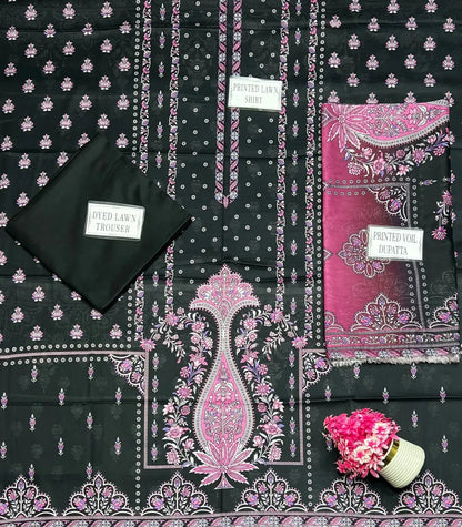 Black Printed Lawn 3Pcs Women Suit Set