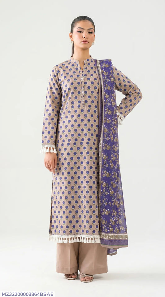 Pakistani Printed Lawn 3-Piece Set Peach