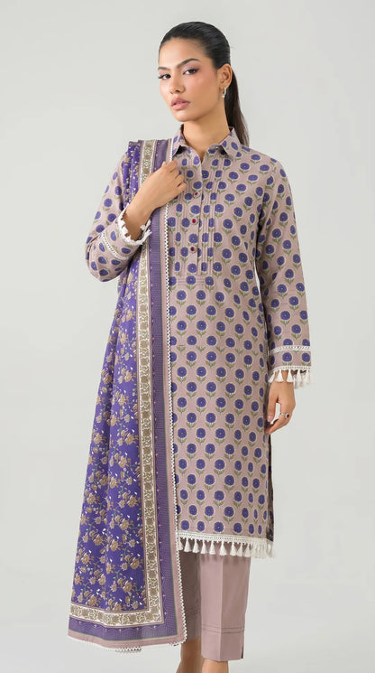 Pakistani Printed Lawn 3-Piece Set Peach