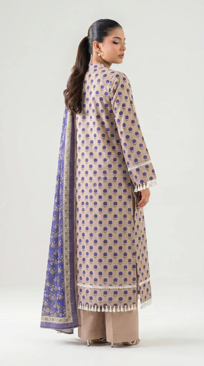 Pakistani Printed Lawn 3-Piece Set Peach