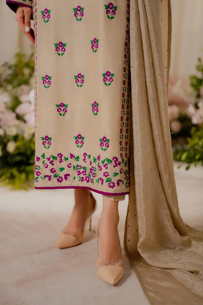 3 Pcs Women's Stitched Linen Embroidered Suit