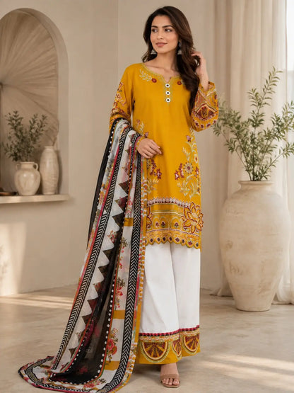 3 Pcs Women's Stitched Cotton Embroidered Suit