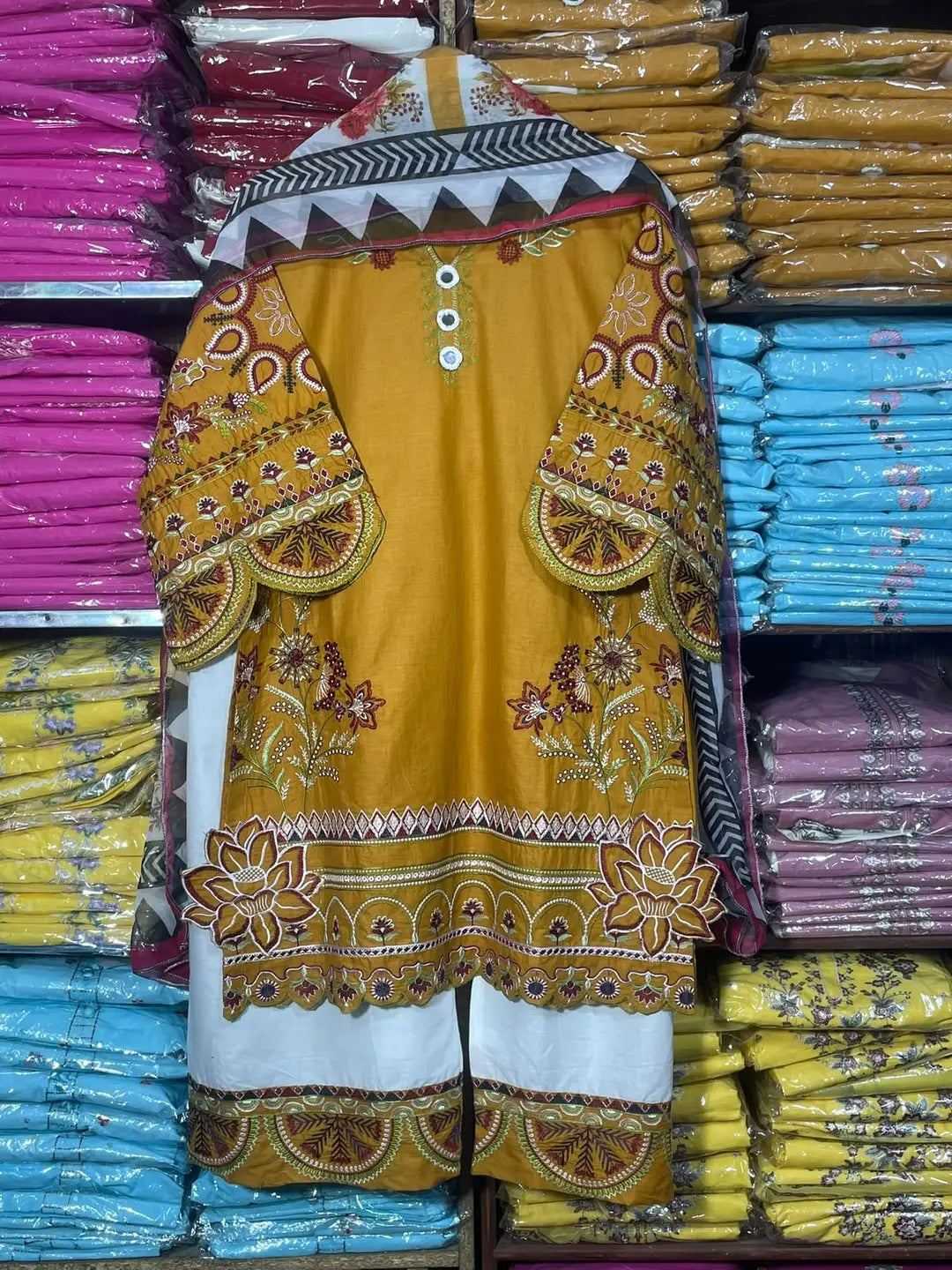 3 Pcs Women's Stitched Cotton Embroidered Suit