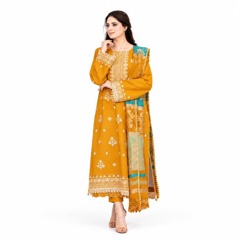 3 Pcs Women's Stitched Linen Embroidered Suit