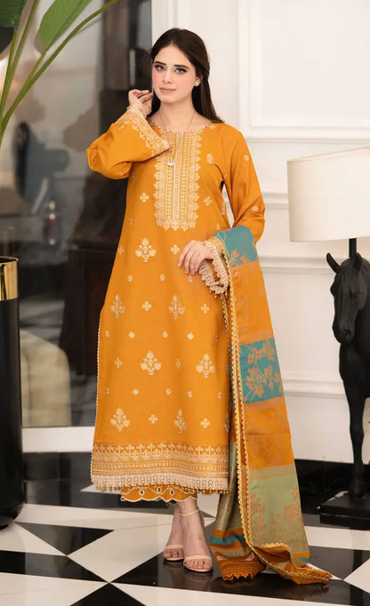 3 Pcs Women's Stitched Linen Embroidered Suit