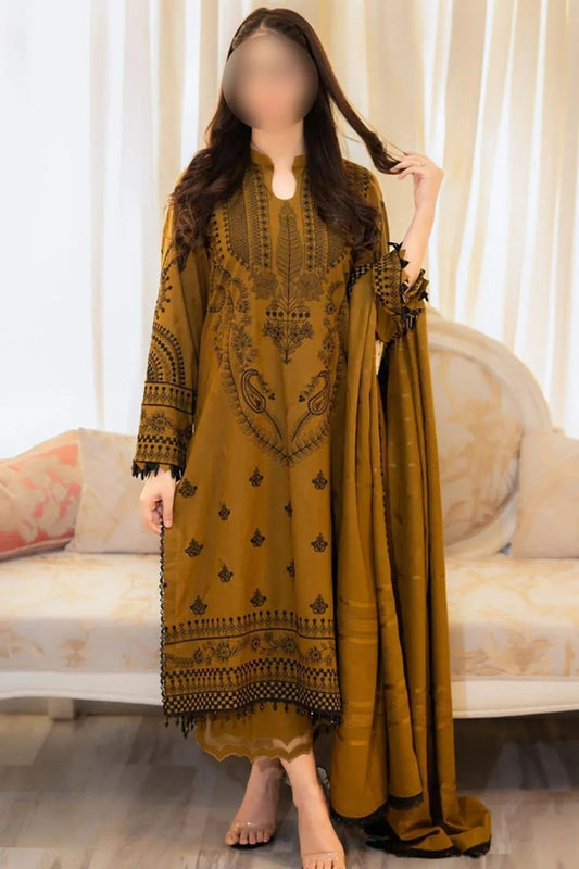 Mustard Embroidered 3-Piece Lawn Suit for Eid Wedding