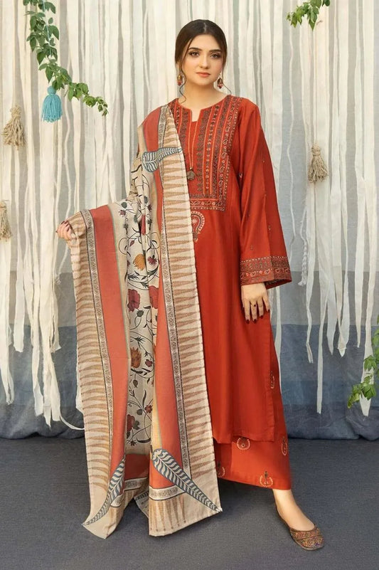 3-Piece Embroidered Lawn Suit Mustard with Printed Dupatta