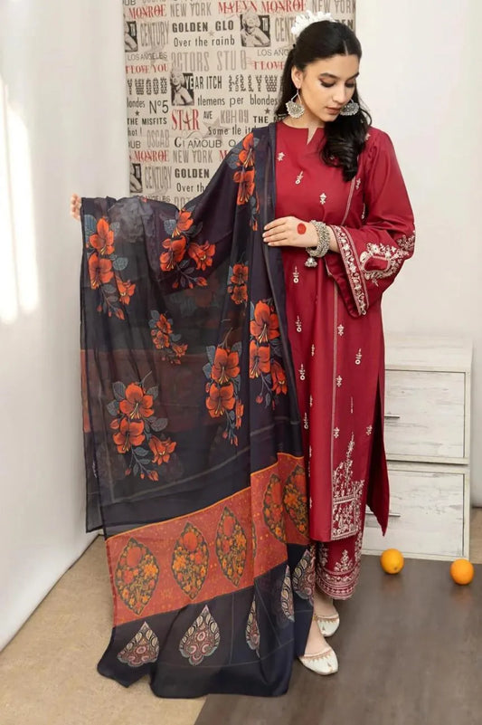 Maroon Lawn 3-Piece Embroidered Suit with Printed Dupatta