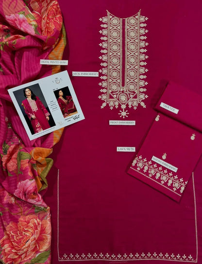 Pink Embroidered 3-Piece Lawn Suit for Women